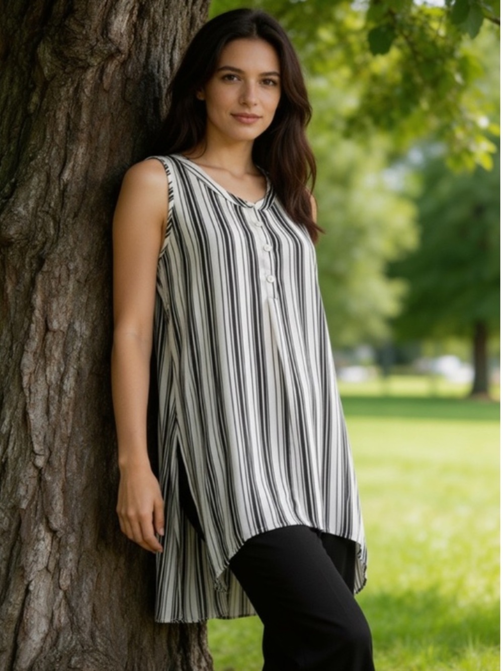 Spense Black and White Striped High Low Tunic Top